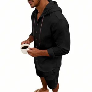 Detail view of men's casual linen hooded shirt and shorts set, breathable summer resort outfit.