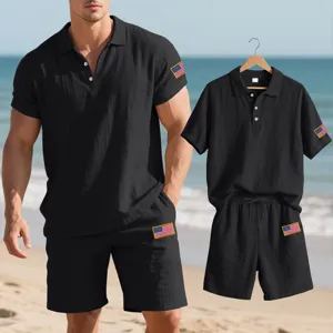 Summer casual mens linen polo shirt and shorts set with flag embroidery beachwear.
