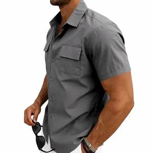 Men's short-sleeve utility shirt detail, dual chest pockets, grey stretch fabric.