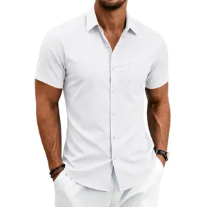 Detailed view of men's solid white short sleeve button-down shirt featuring a classic lapel.
