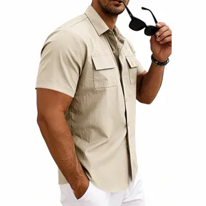Close-up detail of mens beige short sleeve utility shirt with dual chest pockets and lapel.