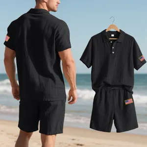 Men's Summer Casual Linen Short Sleeve Polo Shirt and Shorts Set with Flag Patch