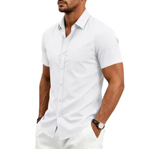 Classic men's short sleeve white business casual shirt featuring lapel and chest pocket.