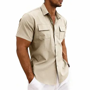 Men's short sleeve utility shirt casual khaki button down work shirt with double pockets