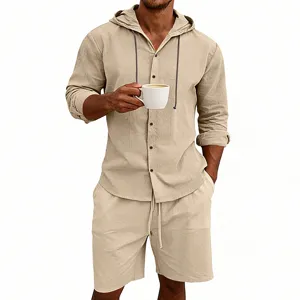 Casual men linen hooded shirt and shorts set detail, breathable summer resort wear outfit.