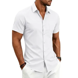 Detailed view of classic white short-sleeve business casual shirt for men with lapel collar.