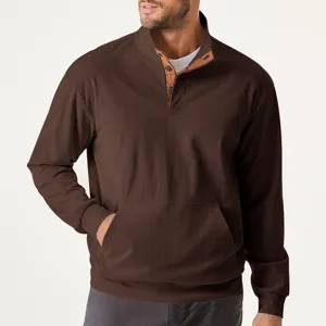 Men's casual stand collar long sleeve ribbed corduroy sweatshirt with pocket detail.