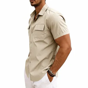 Men's casual short sleeve utility shirt with double chest pockets and lapel collar for summer.