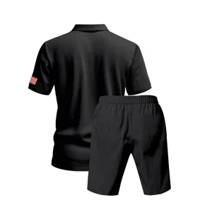 Men's summer black linen short-sleeve polo shirt and shorts set with flag embroidery.