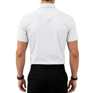 Back view detail shot of mens short sleeve solid color business casual shirt tailored fit.