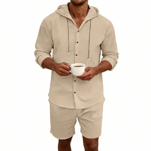 Details of men's casual linen hooded shirt and shorts set, comfortable summer outfit.