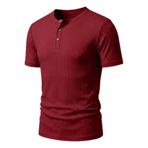 Men's Casual Short Sleeve Henley T-Shirt For Men Solid Color Ribbed Knit Summer Top