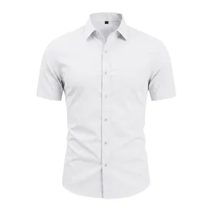 Classic men short sleeve casual business solid color lapel shirt detail view with buttons.