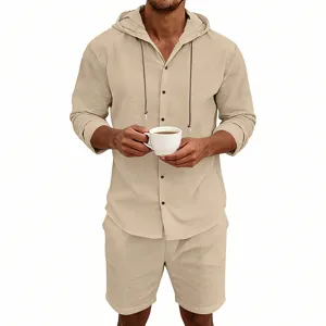 Men's linen casual hooded shirt and shorts set summer beach vacation breathable solid outfit