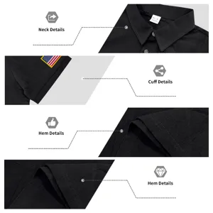 Detailed close-up view of black linen short sleeve shirt showing collar, cuff and hem texture.