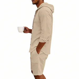 Men casual linen hooded long sleeve shirt shorts set, breathable summer beach resort outfit.