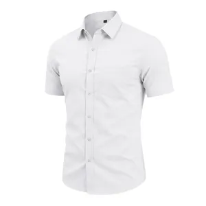Men's solid white short sleeve dress shirt casual business lapel button down tops