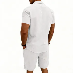 Men's summer casual short sleeve corduroy shirt and shorts set comfortable outdoor outfit back view