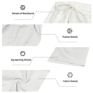 Detailed view of men's casual corduroy shorts featuring elastic waistband, pockets, and soft fabric.