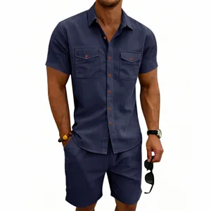 Men's casual corduroy short sleeve button down shirt and shorts set detailed closeup view.