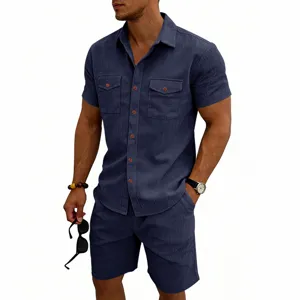 Men's casual corduroy short sleeve shirt and shorts set summer outdoor streetwear two-piece outfit.