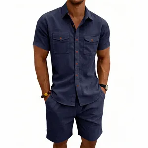 Men summer casual corduroy short sleeve shirt and shorts utility set with dual pockets.