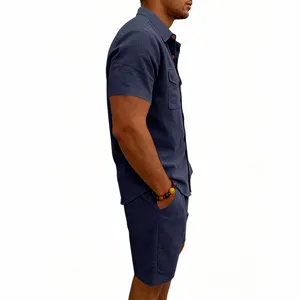 Men's summer casual short sleeve shirt and shorts two piece set, stylish utility wear.
