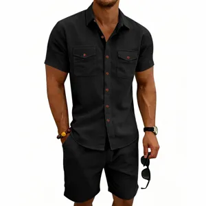 Detailed view of men's short sleeve corduroy shirt and shorts set with chest pockets.