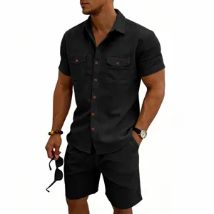 Men's casual corduroy short-sleeve shirt and shorts set, ideal for summer outdoor daily wear.