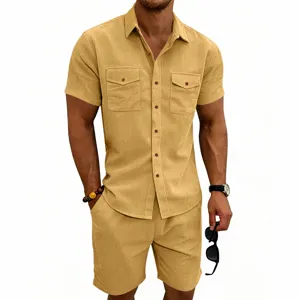 Men summer casual corduroy short sleeve shirt and shorts set detail view, comfortable pockets.