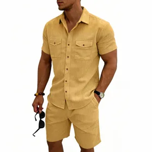 Men's Summer Casual Corduroy Short Sleeve Shirt and Matching Shorts Cargo Outfit Set