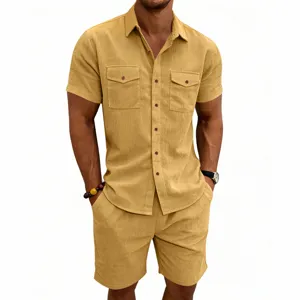 Detailed view of men corduroy short sleeve shirt and shorts set casual outdoor apparel style