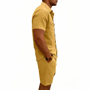 Men's summer casual corduroy short sleeve shirt and shorts set outdoor streetwear outfit