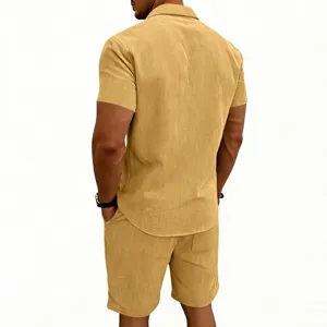 Back view detail of men's summer khaki corduroy short sleeve shirt and shorts clothing set.