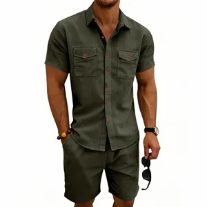 Men's summer short sleeve corduroy shirt and shorts set casual outdoor tactical cargo outfit