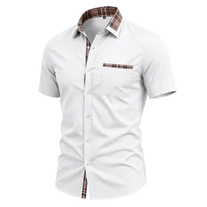 Men's short sleeve button down dress shirt casual slim fit plaid contrast collar summer top