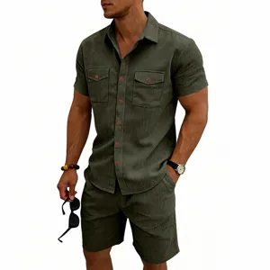 Men's casual summer corduroy short sleeve shirt and shorts set tactical utility outfit.