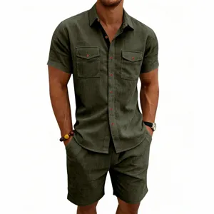 Men's casual corduroy short sleeve shirt and matching utility shorts set for summer outdoor wear.