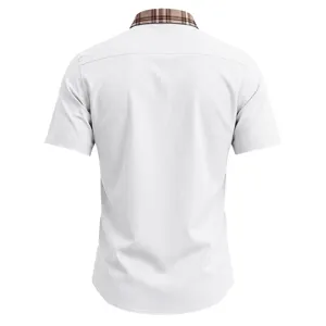 Detail view of men short sleeve shirt with classic check collar and clean white back design.