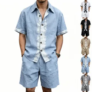Men's Summer Casual Linen Two-Piece Set Short Sleeve Lapel Shirt And Shorts Top And Bottom Beach Vacation Outfit