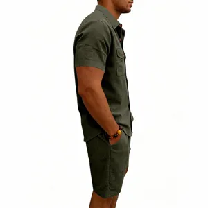 Men short sleeve utility shirt shorts set side view, summer casual corduroy two piece outfit.
