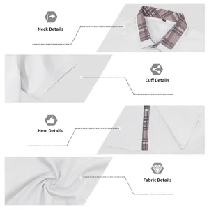 Men's short sleeve contrast plaid shirt detail showing fine collar and fabric quality.