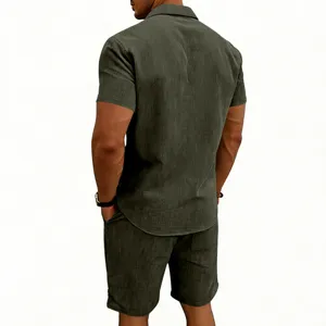 Back view detail of men's dark green corduroy short sleeve shirt and shorts set.
