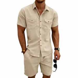 Men summer casual corduroy short sleeve shirt and shorts set details showing multi-pocket cargo style.