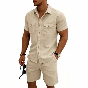 Men summer casual outdoor multi-pocket corduroy shirt and shorts set for daily wear