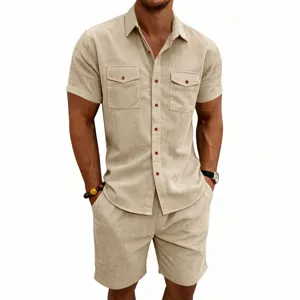 Men's summer casual corduroy short sleeve shirt and shorts matching cargo two piece outfit