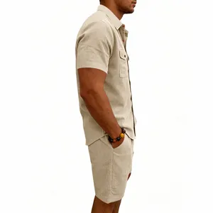 Men corduroy short sleeve shirt shorts set detail side view multiple utility pockets outfit.