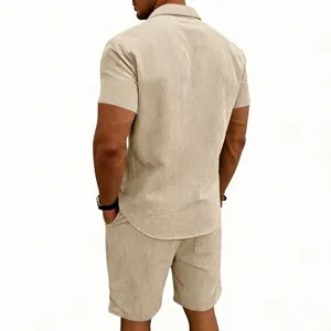 Men's Summer Casual Corduroy Short Sleeve Shirt and Shorts Two Piece Outfit Khaki
