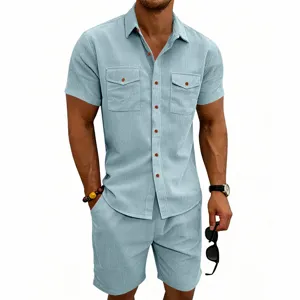 Men summer corduroy short sleeve shirt and shorts set casual beach two piece outfit blue