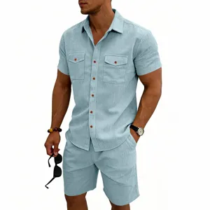 Men's summer short sleeve shirt and shorts set, casual leisure outfit in light blue.